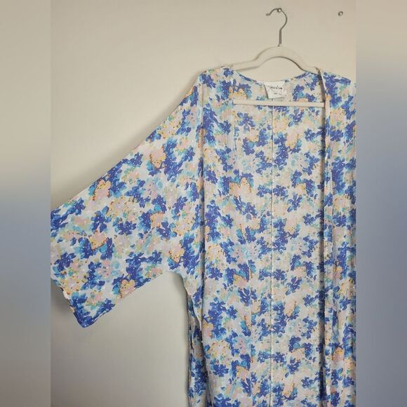 Sadie & Sage Kimono Blue Floral Swiss Dot Open Front Side Slit Fairy Boho Medium - Picture 6 of 9